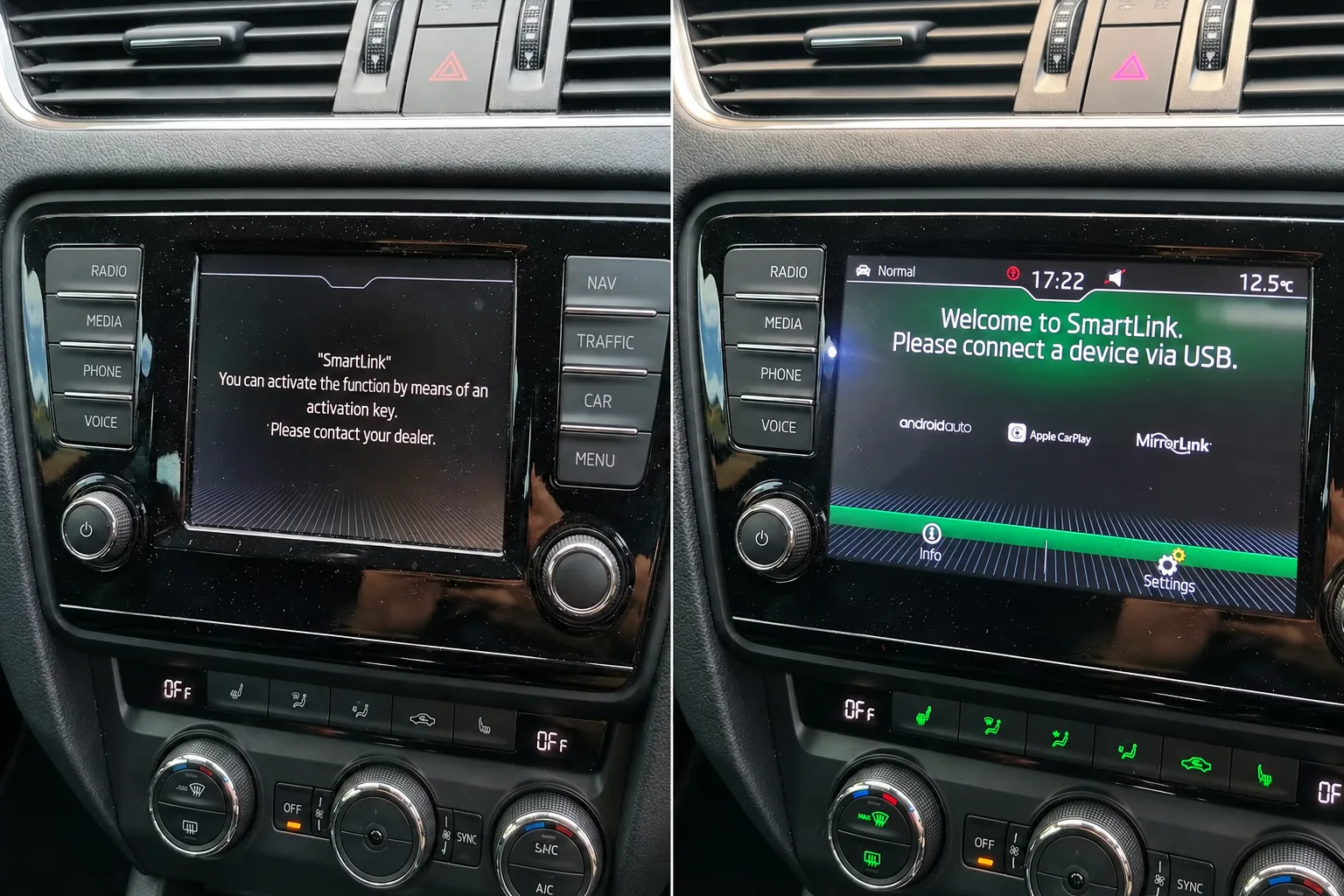 SmartLink before and after activation of Apple CarPlay and Android Auto
